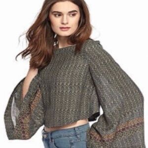 Free People Stars Aligned Bell Sleeve Green and Brown Patterned Crop Top Sz S